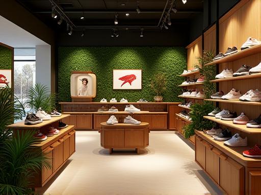 Interior da loja PassoLivre Sneakers com exposição de tênis, plantas e iluminação criativa